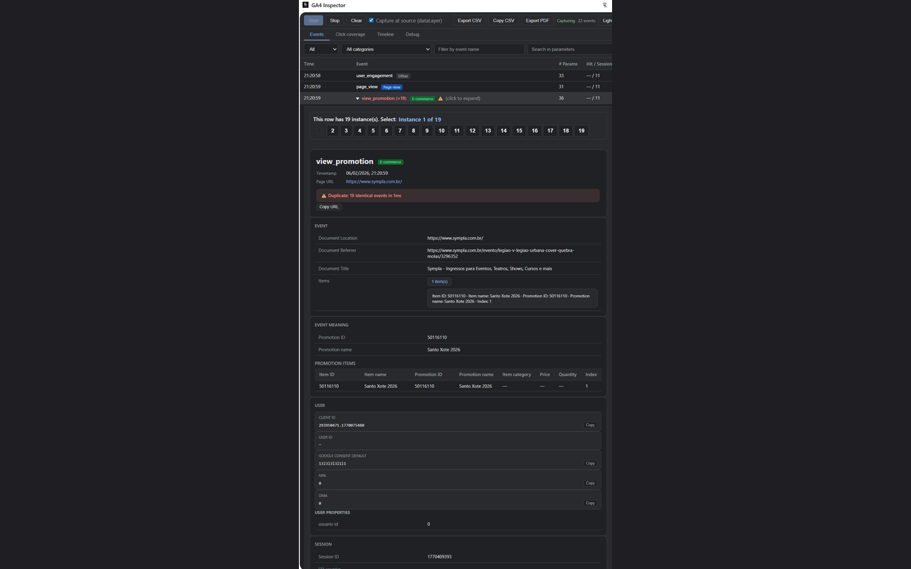 Painel lateral — lista de eventos